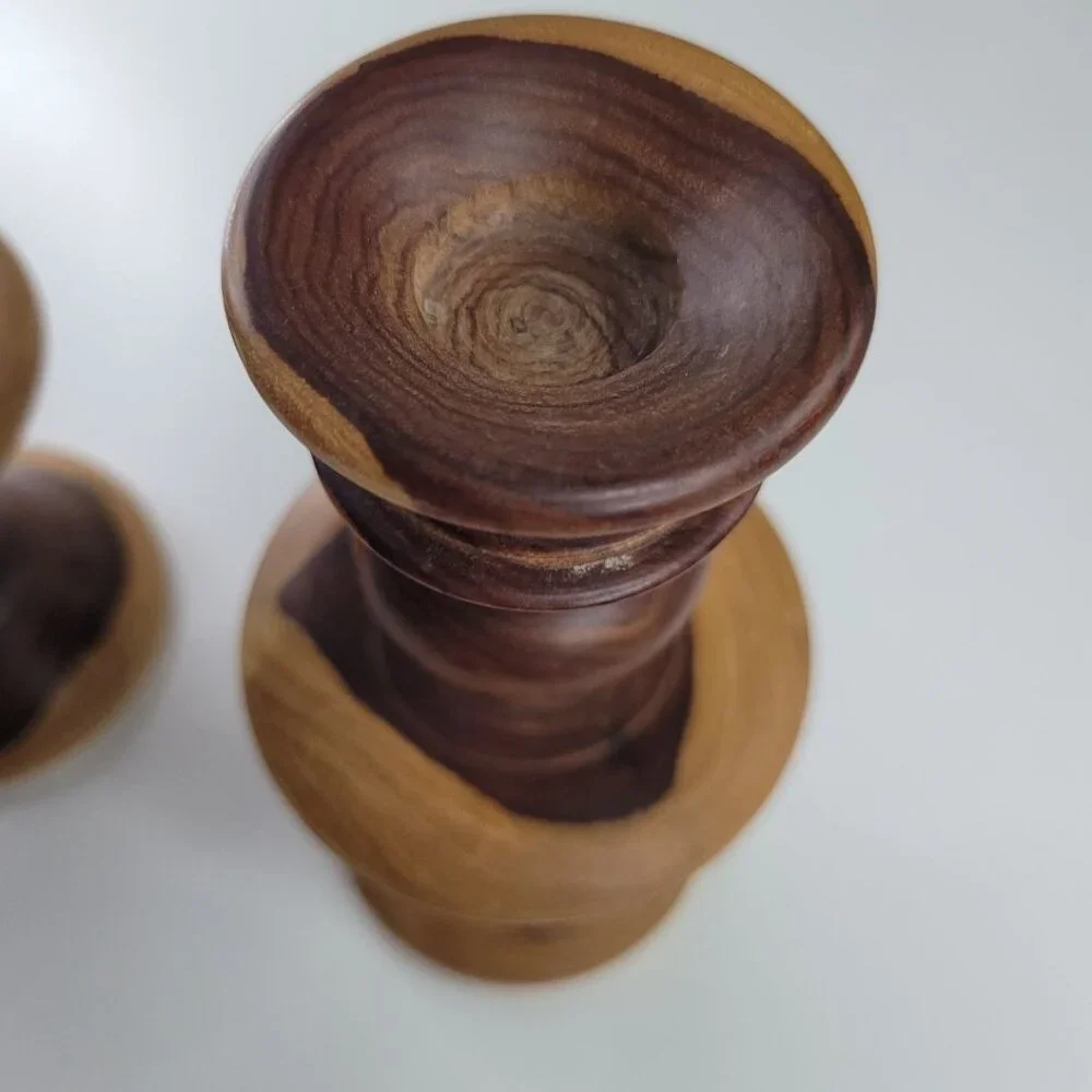 Wooden Candlestick Holders Tapered Solid Grain Two Tone Turned Pair Set 6.5 Inch